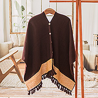 Handloomed poncho, 'Chocolate Zigzag' - Handloomed Poncho with Decorative Buttons from Guatemala