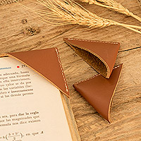 Leather bookmarks, 'Words & Memories' (set of 3) - Set of Three Handcrafted Brown Leather Bookmarks