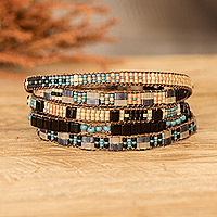Beaded wrap bracelet, 'Nocturnal Reflection' - Handmade Black and Turquoise Glass Beaded Wrap Bracelet