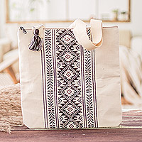 Cotton tote bag, 'Celestial Paths' - Traditional Patterned Zippered Ivory Cotton Tote Bag