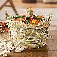 Natural fiber basket, 'Joyful Spring' - Handwoven Floral Orange Natural Fiber Basket from Guatemala