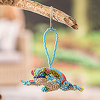 Glass beaded keychain, 'Leaping Turquoise' - Handcrafted Glass Beaded Frog Keychain in Turquoise Hues