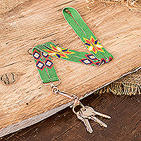 Glass beaded keychain, 'Key to Elysium' - Handcrafted Floral Glass Beaded Keychain in Bright Green