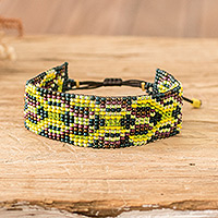Beaded wristband bracelet, 'Fortune Geometry' - Green and Yellow Geometric Glass Beaded Wristband Bracelet