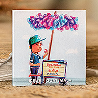 Paper magnet, 'Refreshing Memories' - Cultural Ice Cream Seller-Themed Paper Magnet from Guatemala