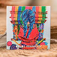 Paper magnet, 'Weaver Memories' - Traditional Weaver-Themed Paper Magnet from Guatemala
