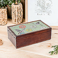 Caja de té de madera, 'Spring Visions' - Caja de té de madera de pino hecha a mano con temática natural en marrón