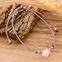 Rose quartz macrame pendant bracelet, 'Tropical Healing Trio' - Handmade Rose Quartz and Crystal Pendant Bracelet