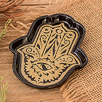 Resin catchall, 'Magnificent Hamsa' - Handcrafted Hamsa-Shaped Black and Golden Resin Catchall