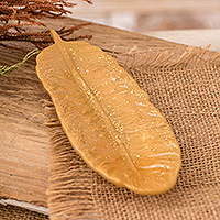 Resin catchall, 'Feather of Prosperity' - Feather-Shaped Yellow Resin Catchall from Costa Rica
