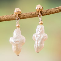 Cultured pearl dangle earrings, 'Faith Essence' - Cream-Toned Baroque Cultured Pearl Dangle Earrings