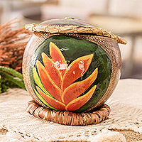 Dried gourd decorative accent, 'Orange Heliconias' - Hand-Painted Orange Heliconia Dried Gourd Decorative Accent