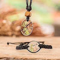Resin macrame jewelry set, 'Gentle Jungle' - Set of Leafy and Sloth-Themed Necklace and Macrame Bracelet