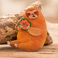 Wood magnet, 'Munching Sloth' - Hand-Painted Tropical Sloth and Watermelon Pinewood Magnet
