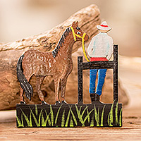 Wood magnet, 'Faithful Companion' - Hand-Painted Inspirational Recycled Wood Brown Horse Magnet