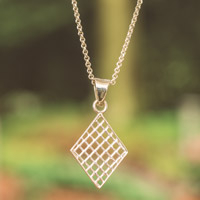Sterling silver pendant necklace, 'Ethereal Diamond' - Polished Geometric-Patterned Diamond-Shaped Pendant Necklace