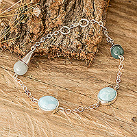 Jade and larimar link bracelet, 'Healing Union' - Sterling Silver Natural Jade and Larimar Link Bracelet