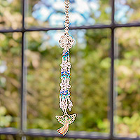 Crystal and glass beaded suncatcher, 'Angelic Day' - Angel-Themed Blue-Toned Crystal and Glass Beaded Suncatcher