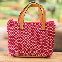 Leather-accented cotton handbag, 'Cherry Time' - Handloomed Leather-Accented Cherry and White Cotton Handbag