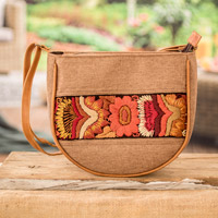 Leather-accented cotton sling bag, 'Moony Autumn' - Handloomed Half-Moon Leather-Accented Sepia Cotton Sling Bag