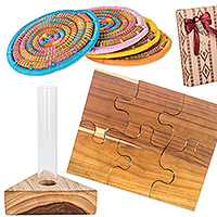Curated gift set, 'Natural Essentials' - Curated Gift Set with 4 Coasters 6 Teak Trivets and Vase