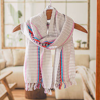 Cotton scarf, 'Warmth and Flair' - Hand-Woven Fringed Grey Cotton Scarf with Colorful Stripes