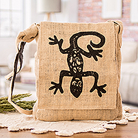 Natural fiber messenger bag, 'Lizard Signal' - Screen-Printed Lizard-Themed Natural Fiber Messenger Bag