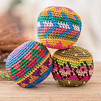 Cotton hacky sacks, 'Cheerful Orbs' (set of 3) - Set of 3 Colorful Patterned Crocheted Cotton Hacky Sacks