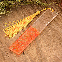 Resin bookmark, 'Sparkling Coast' - Handmade Orange Resin Bookmark with Glitter and Tassel