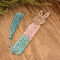 Resin bookmark, 'Bunny Legends' - Handmade Bunny-Themed Resin Bookmark with Turquoise Tassel