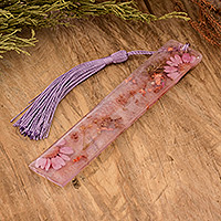 Resin bookmark, 'Blooming Realm' - Handcrafted Floral Purple Resin Bookmark with Nylon Tassel