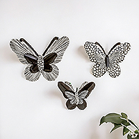 Steel wall art, 'Back to Midnight' (set of 3) - Set of 3 Hand-Painted Black Butterfly-Shaped Steel Wall Art