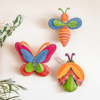 Steel wall art, 'Buggy Fantasy' (set of 3) - Set of 3 Whimsical Hand-Painted Colorful Steel Wall Art