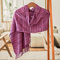 Cotton scarf, 'Pink Fusion' - Pink Textured Fringed Cotton Scarf Hand-Woven in Guatemala