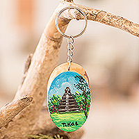 Wood keychain, 'Tikal Charm' - Hand-Carved Pinewood Keychain with Tikal Painting