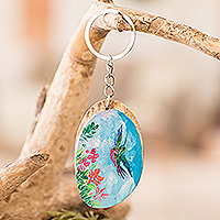 Wood keychain, 'Blue Sky Charm' - Hand-Carved Pinewood Keychain with Spring Sky Painting