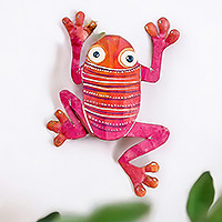 Steel wall art, 'Leaping Sweetness' - Whimsical Hand-Painted Pink Frog-Shaped Steel Wall Art