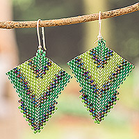 Glass beaded dangle earrings, 'Green Signals' - Handcrafted Green Glass Beaded Dangle Earrings