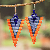Glass beaded dangle earrings, 'Blue & Orange Directions' - Handcrafted Triangular Blue and Orange Dangle Earrings
