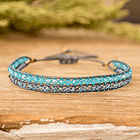 Crystal beaded wristband bracelet, 'Sky Way' - Sky Blue and Grey Crystal Beaded Wristband Bracelet