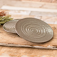 Ceramic salad plates, 'Appetite for Delight' (pair) - Handcrafted Spiral Pale Brown Ceramic Salad Plates (Pair)