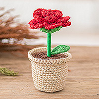 Crocheted cotton decorative accent, 'Romantic Rose' - Crocheted Cotton Red Rose in Planter Decorative Accent