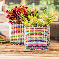 Recycled plastic baskets, 'Floral Vision' (set of 2) - Set of 2 Handcrafted Colorful Recycled Plastic Baskets