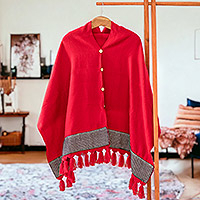 Handloomed poncho, 'Red Blooms' - Handloomed Red Poncho with Floral Accents and Tassels