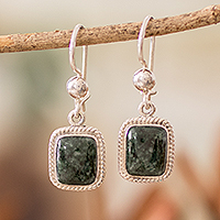 Jade dangle earrings, 'Green Life Divine' - Sterling Silver Guatemalan Dark Green Jade Dangle Earrings