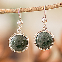 Jade dangle earrings, 'Ancient Circle' - Round Dark Green Jade Sterling Silver Dangle Earrings