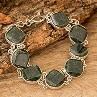 Jade link bracelet, 'Night Forest' - Sterling Silver Geometric Link Bracelet with Dark Green Jade