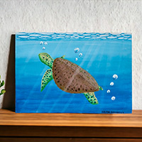 'Let's Save Them' - Acrylic on Canvas Painting of a Sea Turtle from El Salvador
