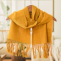 Cotton scarf, 'Maya Gold' - Traditional Handloomed Yellow Cotton Scarf with Fringes