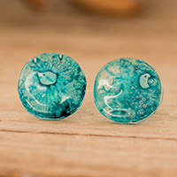 Recycled CD stud earrings, 'Lagoon Translucent Illusion' - Eco-Friendly Round Turquoise Recycled CD Stud Earrings